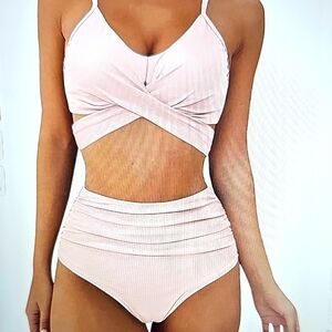 NWT High-Waisted Tummy Control 2 piece Bikini Set Pink 2XL